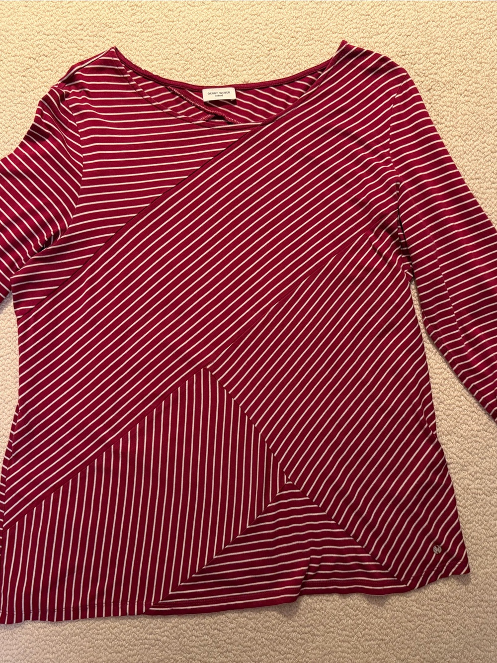 Striped Burgundy-Red Women's 3/4 Length Sleeve Top designed in Germany